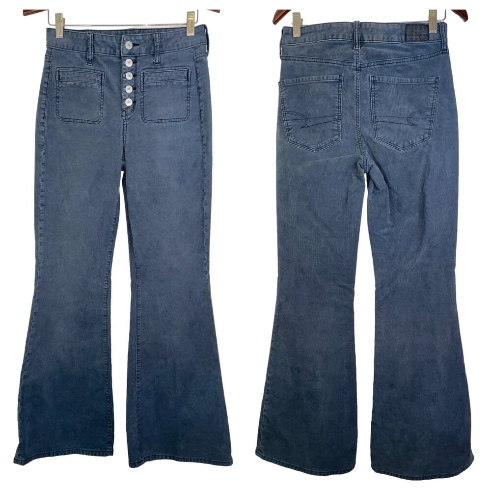 American Eagle high-rise Corduroy button-fly flare pants jeans retro blue grey 4